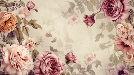 Foto op Plexiglas Vintage pattern botanical variety flowers such as roses, peonies, daisies, and ferns aged paper hand-drawn classic botanical drawings, elegant design suitable for fabric, wallpaper, and stationery © ND STOCK