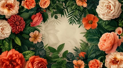 Fotobehang Vintage pattern botanical variety flowers such as roses, peonies, daisies, and ferns aged paper hand-drawn classic botanical drawings, elegant design suitable for fabric, wallpaper, and stationery © ND STOCK