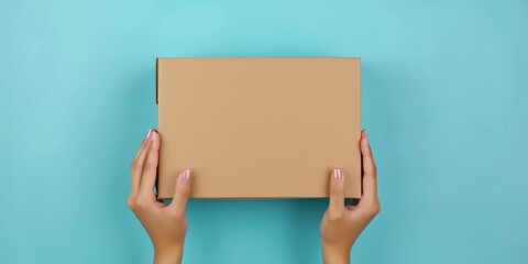 Woman hand holding brown ecological package box made of natural corrugated cardboard. Mockup mailing parcel box on blue background. Packaging, shopping, delivery concept