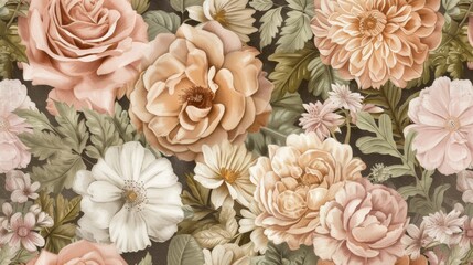 Vintage pattern botanical variety flowers such as roses, peonies, daisies, and ferns aged paper hand-drawn classic botanical drawings, elegant design suitable for fabric, wallpaper, and stationery