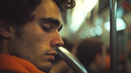 A young man lost in thought on a busy subway train appearing disconnected from the crowded and chaotic environment. - obrazy, fototapety, plakaty