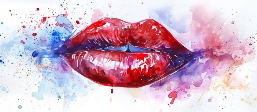 Red Lips Leave an Alluring Imprint: Watercolor Painted Kisses with a Gorgeous Red Lips Imprintprint in Vibrant Watercolor Paint