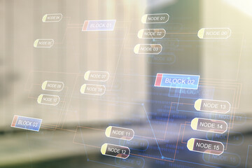 Multi exposure of abstract software development hologram on modern business center exterior background, research and analytics concept