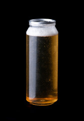 Beer in transparent plastic can on black background