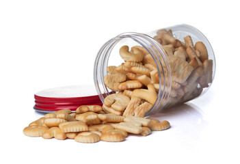 Alphabet biscuit bread in the jar isolated on white background
