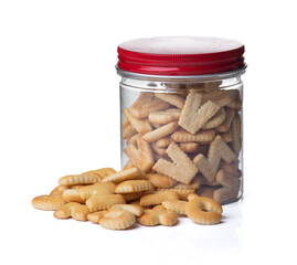 Alphabet biscuit bread in the jar isolated on white background