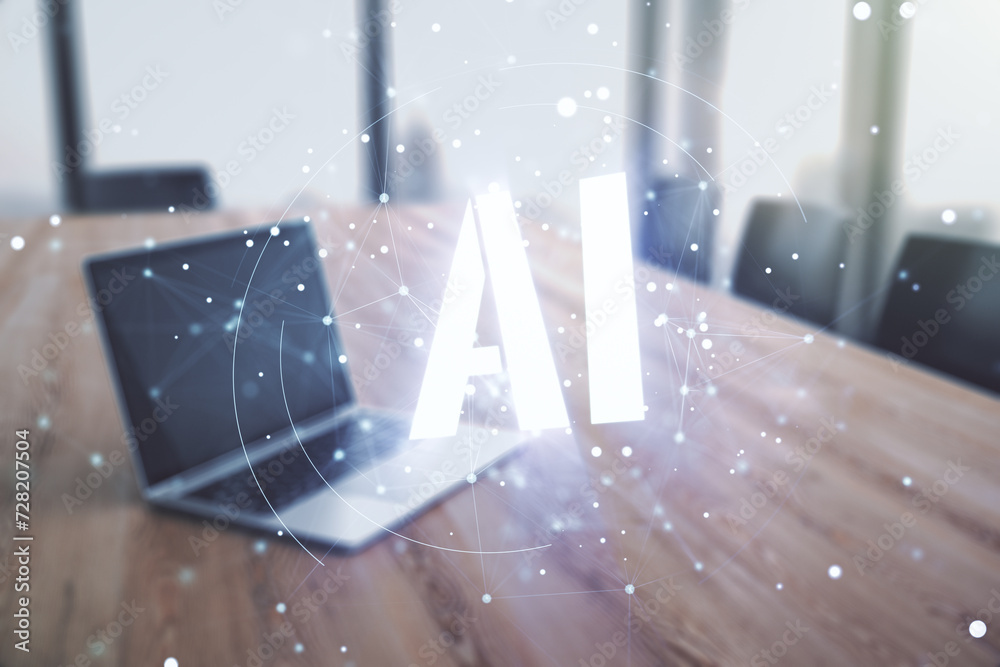 Poster creative artificial intelligence symbol concept with modern laptop on background. multiexposure