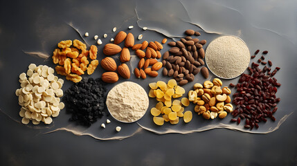 Different dried food groups on concrete background