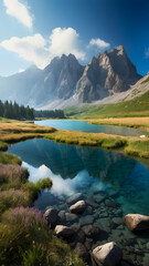 Fototapeta na wymiar Hidden Alpine Lake Nestled Amongst Rocky Mountains 