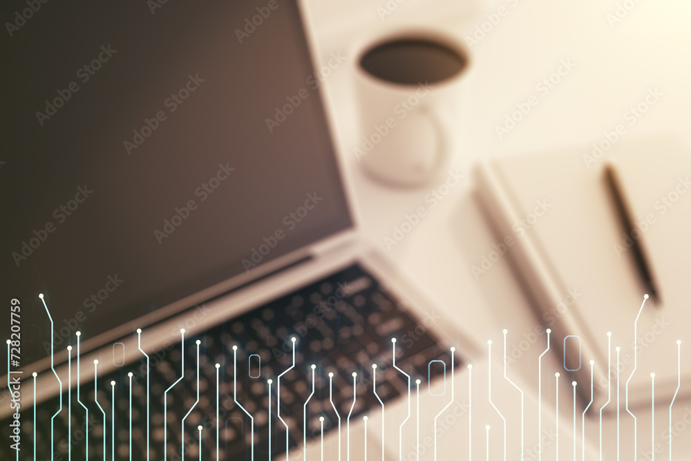 Poster double exposure of circuit hologram on laptop background. research and development hardware concept