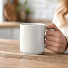 Woman holds white mug on the table. Mug  mockup concept. 