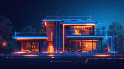 Smart house concept with neon lighthing - obrazy, fototapety, plakaty