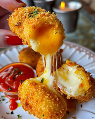Cheesy creamy fried cheese served with sauce on the white plate. Food concept artwork,