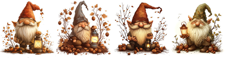 a gnome with a bushy beard, holding a lantern, surrounded by acorns and twigs - obrazy, fototapety, plakaty