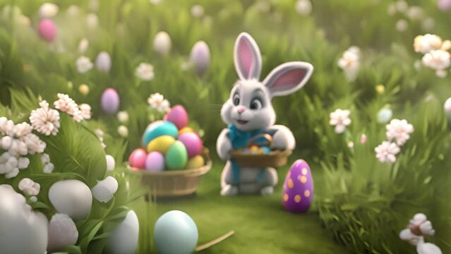 Cute 3D Easter Bunny Sitting in Grass Near Easter Eggs Generative AI
