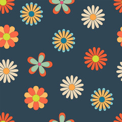 Fototapeta na wymiar Trendy floral pattern in the style of the 70s and 80s with groovy daisy flowers on dark background