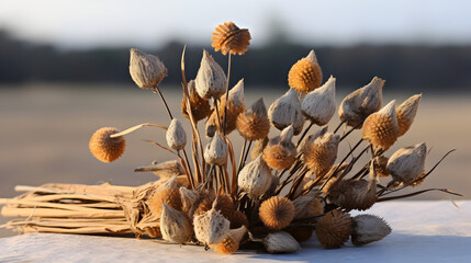 Dry dried flower bud heads Tussilago farfara coltsfoot - obrazy, fototapety, plakaty