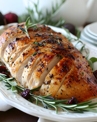 Grilled Roasted chicken fillet breast with rosemary served on the white plate in cozy restaurant. Food concept artwork