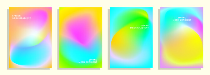 set of colorful abstract spring rainbow mesh gradient cover poster background designs.