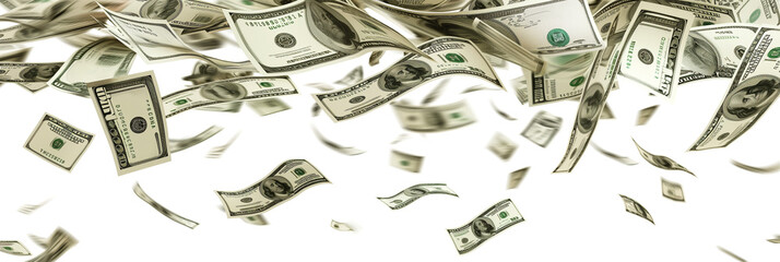 Variety of Falling One Hundred Dollar Bills Isolated on white background