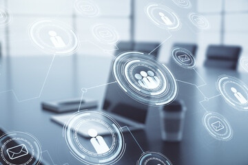 Double exposure of social network icons concept with modern laptop on background. Marketing and promotion concept