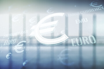 Virtual EURO symbols illustration on modern interior background, forex and currency concept. Multiexposure