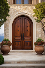 Fototapeta na wymiar Mediterranean villa with wooden door and plants