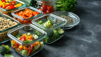 Healthy vegan dishes in glass containers with fresh raw vegetables.