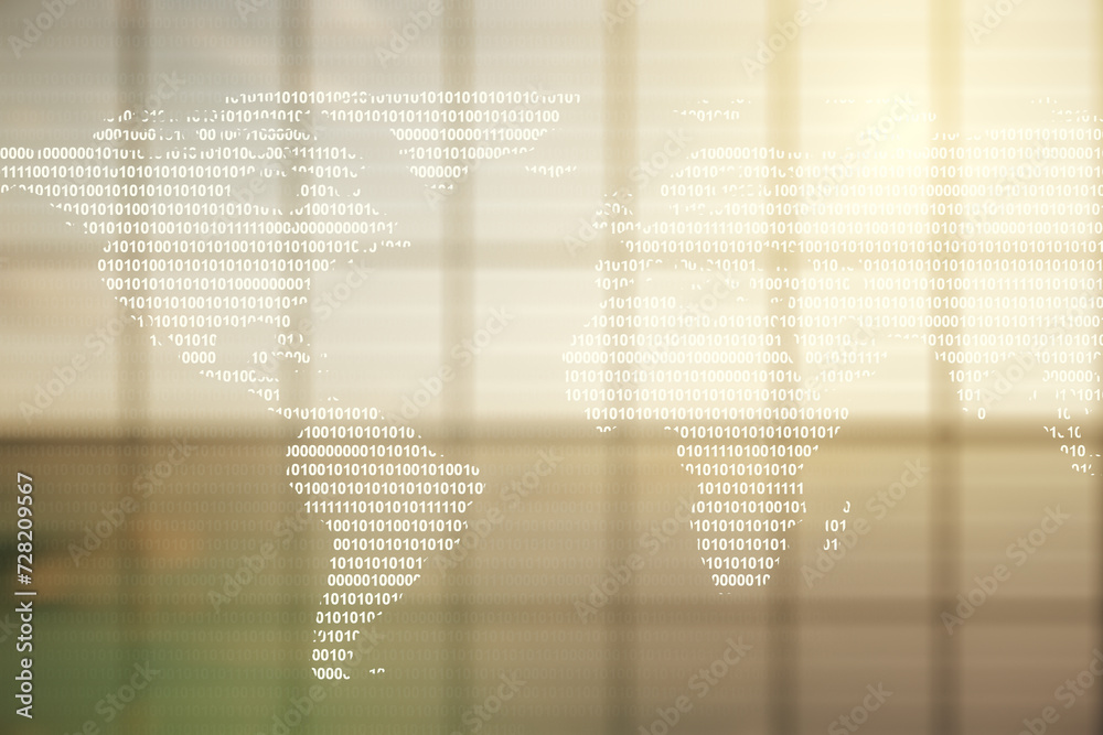 Poster multi exposure of abstract creative digital world map hologram on empty modern office background, re