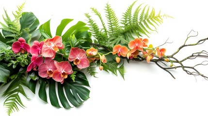 Floral arrangement with tropical leaves and orchids. Tropical flower decor on tree branch on white background.