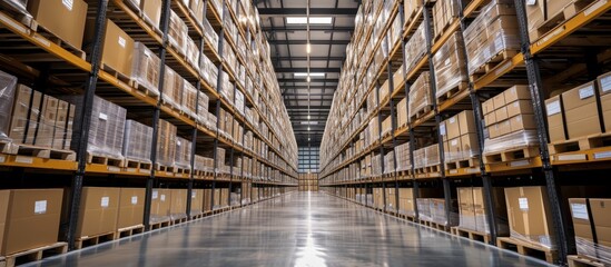 Obraz premium Efficient Logistics Management: Shelf Rack Filled with Full Cartons in a Warehouse