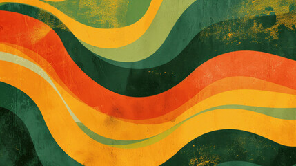 Groovy psychedelic abstract wavy background with rough texture combined with retro colors avocado green, mustard yellow and burnt orange