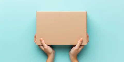 Foto op Canvas Top view to female hand holding brown cardboard box on light blue background. Mockup parcel box. Packaging, shopping, delivery concept © StockWorld