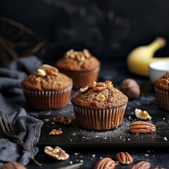 Banana Nut Muffins, Black Surface Table, minimalistic decor 