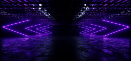 Neon Arrows Sci Fi Futuristic Cyber Glowing Warehouse Dark Basement Ultraviolet Laser Lights Empty Showroom Cement Grunge Metal Ceiling Corridor 3D Rendering © IM_VISUALS