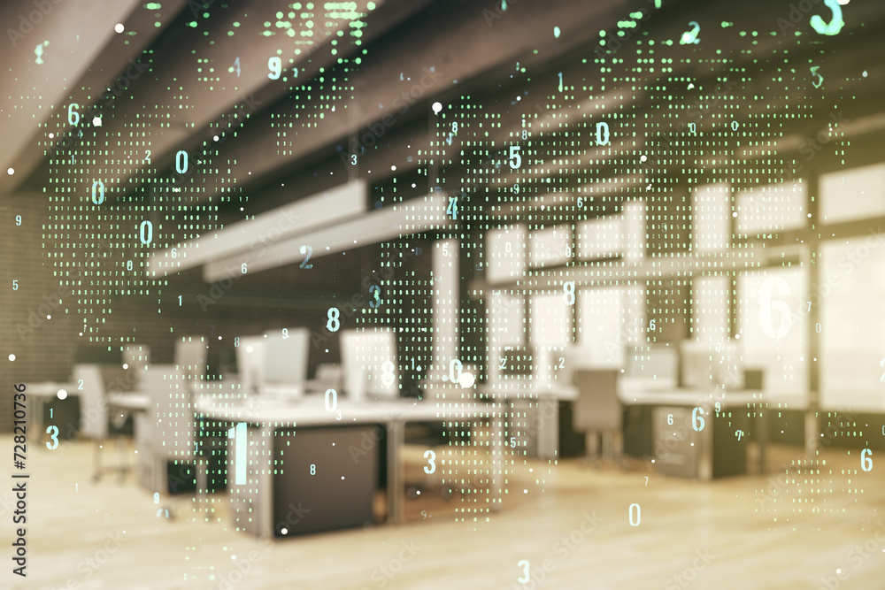 Poster Double exposure of abstract programming language hologram and world map on modern corporate office background, research and development concept