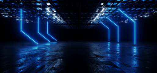 Neon Futuristic Cyber Glowing Warehoue Dark Basement Blue Laser Lights Empty Space Stage Showroom Cement Grunge Metal Ceiling Corridor 3D Rendering