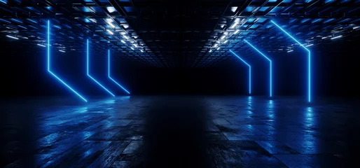 Neon Futuristic Cyber Glowing Warehoue Dark Basement Blue Laser Lights Empty Space Stage Showroom Cement Grunge Metal Ceiling Corridor 3D Rendering © IM_VISUALS
