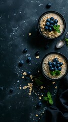 Obraz na płótnie Canvas Blueberry Almond Overnight Oats, Black Surface Table, minimalistic decor 