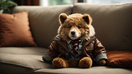 Close-up high-resolution image of a cute teddy bear plushie sitting on a couch. - obrazy, fototapety, plakaty