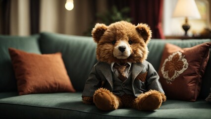 Close-up high-resolution image of a cute teddy bear plushie sitting on a sofa. - obrazy, fototapety, plakaty