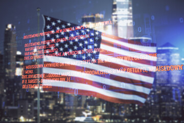 Multi exposure of abstract software development hologram on USA flag and blurry skyscrapers background, research and analytics concept