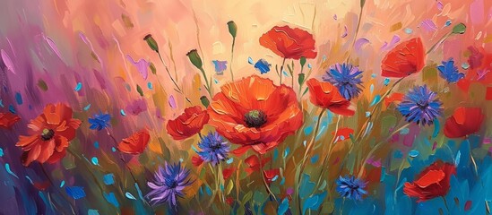 Beautiful Poppy, Flowers, and Cornflowers Dancing in a Colorful Field of Cornflowers