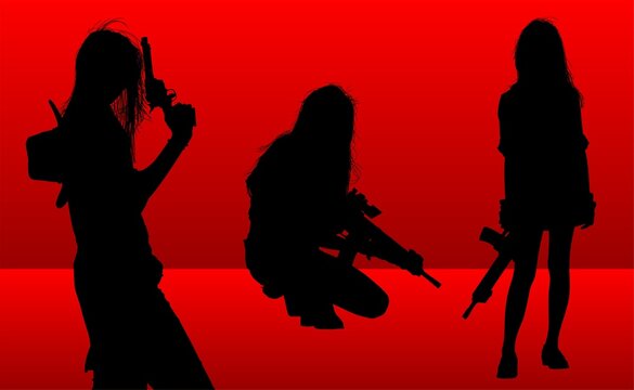 vector, ilustraci&oacute;n, mujer, pegatina, armas, pistolas, poses