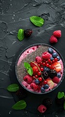 Chia Seed and Berry Smoothie Bowl, Black Surface Table, minimalistic decor 