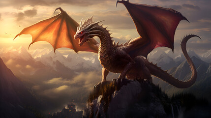 Fantasy illustration with a dragon in the mountains - obrazy, fototapety, plakaty