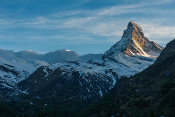 Idyllic landscape of Mountain Matterhorn, Zermatt, Switzerland at dusk