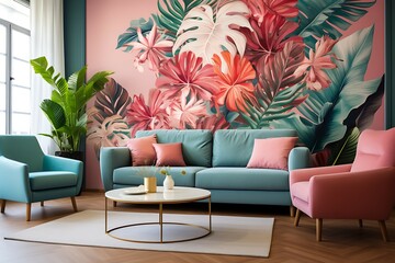 Furnished Modern Living room, bohemian inspired interior design
