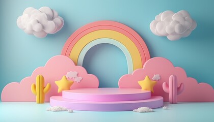 3D rendering podium kid style, colorful background, clouds and weather with empty space for kids or baby product