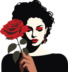beautiful curly haired woman holding rose vector illustration on isolated background